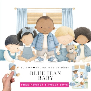 Puede incluir: Ilustración en acuarela con seis figuras de bebés con trajes de mezclilla. La imagen incluye el texto "BLUE JEAN BABY" y "30 COMMERCIAL USE CLIPART". También se incluyen un osito de peluche y una ventana con cortinas azules.