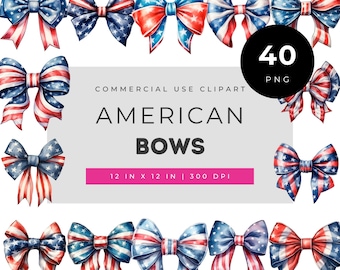 American bows watercolor clipart set, patriotic ribbons stars stripes red white blue designs for Fourth of July crafts, USA celebration art