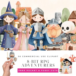 Puede incluir: Ilustración en acuarela de aventureros RPG de 8 bits, incluyendo un mago, una princesa, un caballero, un enano y un esqueleto. Los personajes están ambientados en un telón de fondo de edificios de dibujos animados. Incluye el texto "30 COMMERCIAL USE CLIPART" y "8-BIT RPG ADVENTURERS".