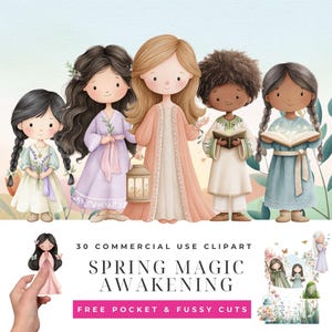 Puede incluir: Ilustración en acuarela de cinco niños con vestidos y túnicas en colores pastel. Uno sostiene una linterna, otros libros o flores. El texto "Spring Magic Awakening" se muestra debajo de los personajes.