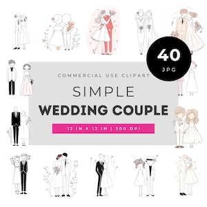 Simple wedding couple watercolor clipart set, minimal bride groom poses with florals and clean line art style, romantic illustration bundle