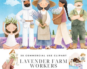 Lavender Farm Clipart Bundle, Watercolor Harvest Family Illustrations, Distillery Bunch Drying PNG, Provençal Farm Workers Designs Download