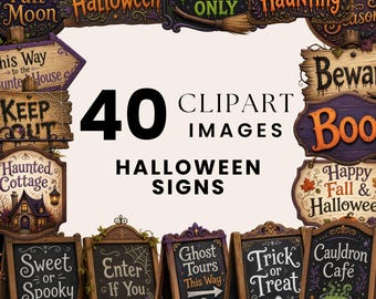Halloween Signs Clipart, Spooky Sign PNG, Trick or Treat Illustrations, Watercolor Chalkboard Bundle, Witch Ghost Sign Art, Commercial Use
