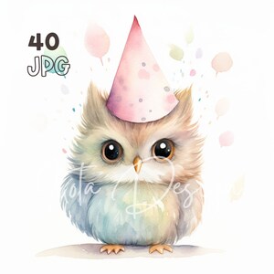 Party Owl Clipart - 40 High Quality JPGs - Digital Planner, Junk Journaling, Watercolor, Commercial Use, Digital Download, Mugs, Nursery