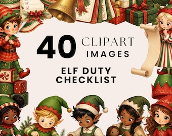 Christmas Elf Clipart, Elf Duty Checklist Watercolor, Santa Helper Illustrations, Elf Toy Workshop Art, Holiday Kids Bundle, Commercial Use