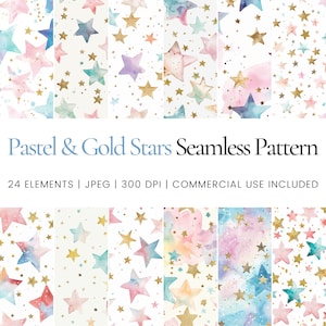 Pastel & Gold Stars Seamless Repeat Pattern, Digital Papers, Background, Tumbler Wrap, Printable, Commercial Use Digital Paper, Mug, Apparel