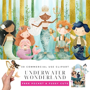 Puede incluir: Ilustración en acuarela con sirenas y criaturas marinas. La imagen incluye sirenas con varios colores de cabello y accesorios, un tridente y el texto "Underwater Wonderland". El fondo tiene rayas verticales doradas y azules.