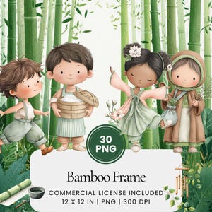 Bamboo Frame Watercolor Clipart Bundle, Minimal Pastel Forest Story Elements, Children's Book Illustration PNG, Transparent Background Set