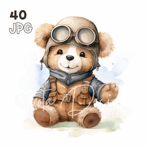 Teddy Bear Pilot Clipart - 40 JPG de haute qualité - Planificateur numérique, Junk Journaling, Aquarelle, Utilisation commerciale, Téléchargement numérique, Tasses