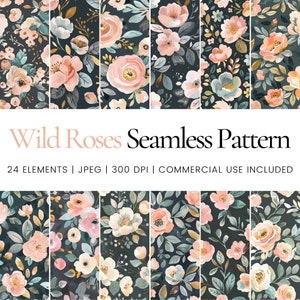 Vintage Wild Roses Seamless Repeat Pattern, Digital Papers, Background, Tumbler Wrap, Printable, Commercial, Mugs, Home Decor, Sublimation