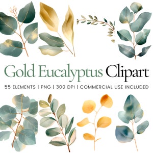 Pacchetto di clipart acquerellate di foglie di eucalipto dorate, vegetazione botanica metallizzata per inviti di nozze, eleganti stampe murali, kit di progettazione di loghi