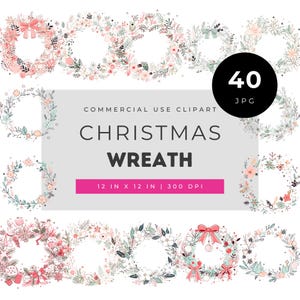 Christmas wreath clipart bundle, elegant watercolor holiday wreath illustrations with bows pinecones and florals for cards invitations