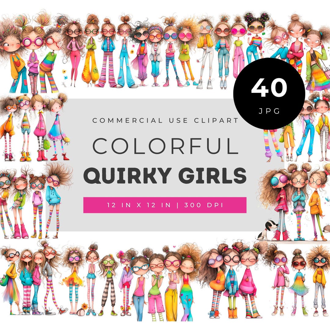 Colorful Quirky Girls Clipart Bundle, Fun Watercolor Character ...