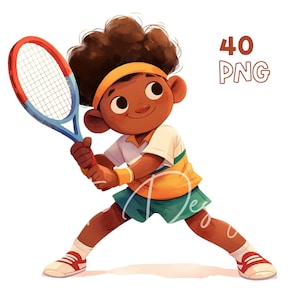Tennisspieler Kinder Clipart - 40 hochwertige PNGs - Digitaler Planer, Junk Journaling, Aquarell, Wandkunst, kommerzielle Nutzung, Sublimation