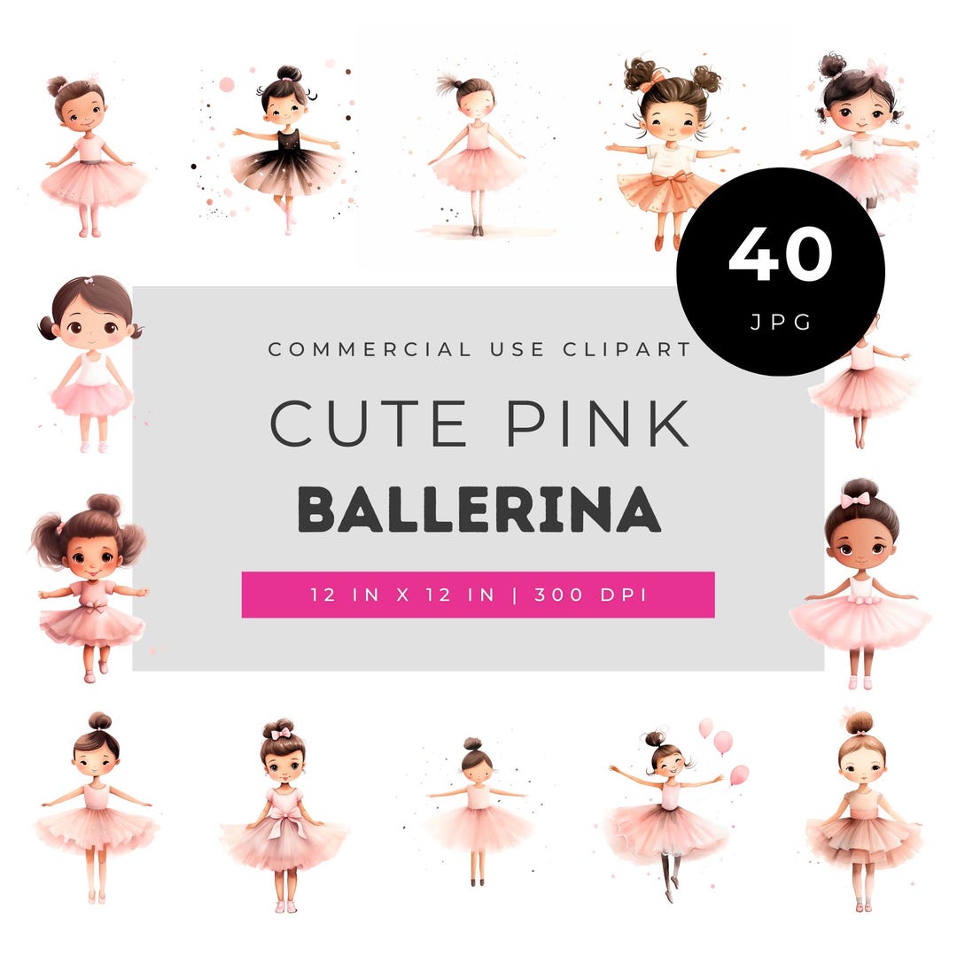 Cute Pink Ballerina Clipart Set, Watercolor Ballet Girls With Tutus and ...
