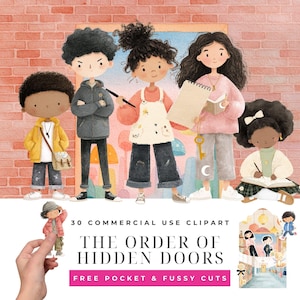 Puede incluir: Ilustración de seis niños diversos frente a una pared de ladrillos y una puerta. Los niños visten diferentes atuendos. La imagen incluye el texto "30 COMMERCIAL USE CLIPART" y "THE ORDER OF HIDDEN DOORS".