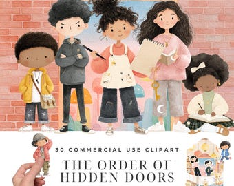Hidden Doors Secret Society Clipart Bundle, Watercolor Magical Children Illustrations, Portal Fantasy PNG, Secret Order Characters Designs