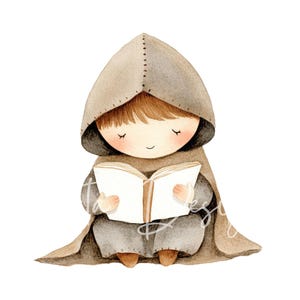 May include: A watercolor illustration of a child wearing a brown hooded robe, sitting and reading a book. The child has brown hair and closed eyes, and is smiling.