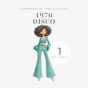 Op de afbeelding: Illustratie van een vrouw in een turquoise jumpsuit met uitlopende broekspijpen, klokmouwen en een witte riem. De afbeelding bevat de tekst "1970 DISCO" en "COMMERCIAL USE CLIPART". De vrouw heeft krullend bruin haar en gouden oorringen.