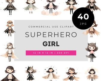 Superhero girl clipart bundle, cute female hero png set, pastel comic character illustration, minimalist superwoman art graphics pack