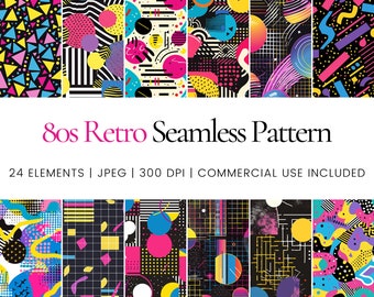 80s Retro Seamless Pattern Bundle, Neon Memphis Digital Paper Pack, Bold Geometric 80s Patterns for Scrapbooking and Retro Craft Projects