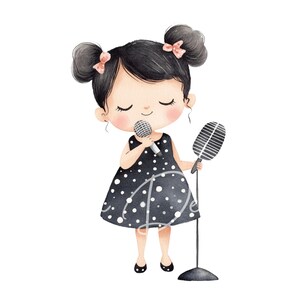 May include: A young girl with black hair and pink bows sings into a microphone. She is wearing a black and white polka dot dress and holding a microphone on a stand.