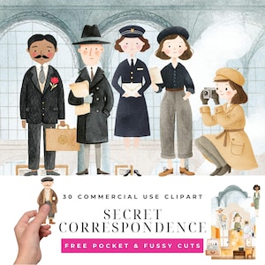 May include: Watercolor illustration featuring five vintage-style figures, including a man with a mustache and a woman with a camera. The image includes the text "SECRET CORRESPONDENCE" and "FREE POCKET & FUSSY CUTS". The figures are dressed in period clothing.