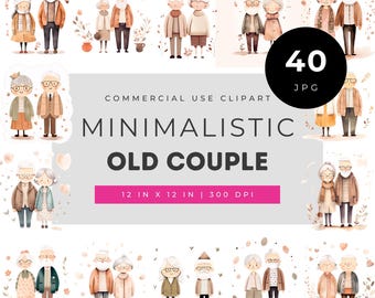 Minimalistisches Clipart-Set mit älteren Paaren, Illustrationen von Seniorenpaaren, Kunst über Liebe im Alter, niedliche Großeltern-Grafiken, gemütliches Herbstpaar-JPG-Paket