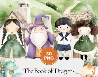 Le Livre des Dragons : clipart, ensemble PNG aquarelle avec sorciers, princesses, dragons et illustrations de contes de fées médiévales pour créations et invitations.