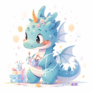 Puede incluir: Un drag&oacute;n azul claro con un rubor rosado en la mejilla sostiene una caja de regalo azul con una vela encendida en la parte superior. El drag&oacute;n est&aacute; rodeado de confeti y estrellas.