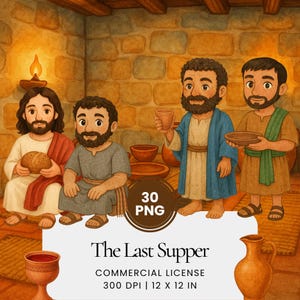 Puede incluir: Ilustración en acuarela que representa La Última Cena. Cuatro figuras se reúnen alrededor de una mesa, con pan, platos y un cáliz. La escena está ambientada en una habitación con paredes de piedra y una luz cálida.