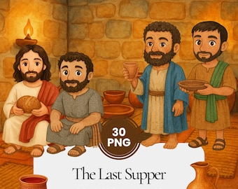 Bible Last Supper watercolor clipart bundle, Christian disciples fussy cuts, religious PNG illustrations, Jesus apostles art, faith designs