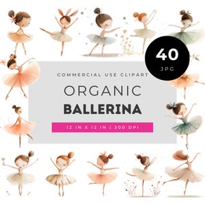 Organic ballerina watercolor clipart bundle, soft neutral dance girl jpg set, earthy tutu art for invitations, nursery prints and wall decor
