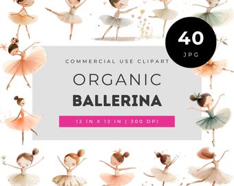 May include: A collection of watercolor illustrations featuring ballerinas in various poses wearing tutus in shades of peach, cream, and sage green. The text reads: 40 JPG, COMMERCIAL USE CLIPART, ORGANIC BALLERINA, 12 IN X 12 IN | 300 DPI.