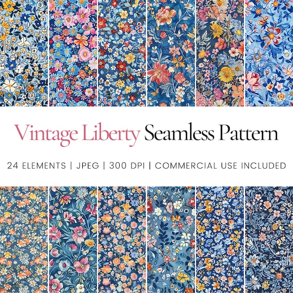 Vintage Liberty Floral Seamless Pattern Bundle, Blue Retro Flower Digital Paper Pack, Small Floral Prints for Scrapbooking and Card Making