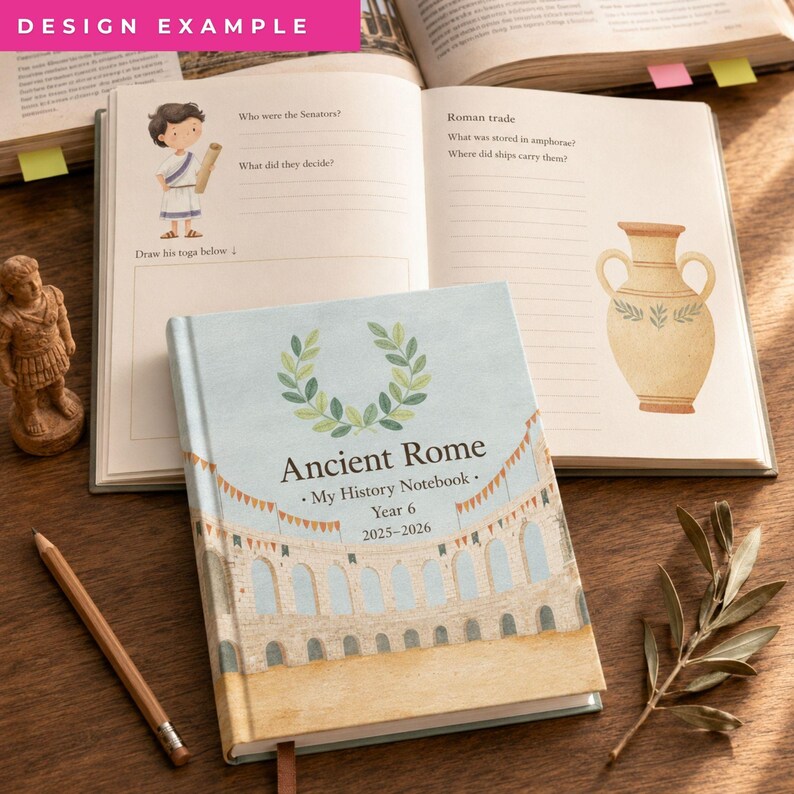 May include: A hardcover notebook titled Ancient Rome My History Notebook Year 6 2025-2026 with a light blue cover featuring a laurel wreath and an amphitheater illustration, displayed open alongside a wooden pencil and a small Roman soldier figurine.