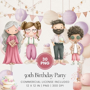50. Geburtstag Fuschia Aquarell Clipart Bundle, Elegante Party Girl Designs, Pastell Geburtstagsfrau Illustrationen, Schicke Feier PNGs