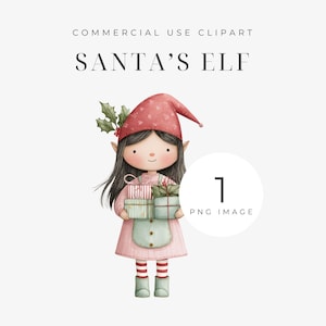 May include: Watercolor illustration of Santa's Elf holding wrapped gifts. The elf wears a pink dress, green apron, red hat, and striped socks. The image includes the text "SANTA'S ELF" and "COMMERCIAL USE CLIPART".