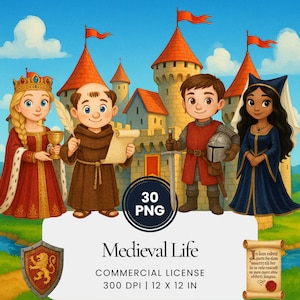May include: A colourful illustration depicting a medieval scene with a castle and characters including a queen, a monk, a knight, and a lady. The image includes the text "Medieval Life" and "COMMERCIAL LICENSE 300 DPI | 30.48 x 30.48 cm".