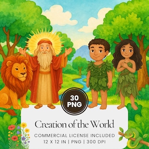 Raccolta di clipart sulla storia della creazione della Bibbia, acquerello di Genesi 1, set di clipart sulla creazione dei sei giorni, Dio ha creato il mondo.