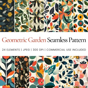 Puede incluir: Un conjunto de 24 patrones digitales sin costuras que presentan diseños de jardín geométrico. Los patrones incluyen varios colores, como verde, azul, rojo, amarillo y naranja, y presentan motivos florales y de hojas abstractos. Los patrones son perfectos para crear diseños únicos y elegantes para diversos proyectos.
