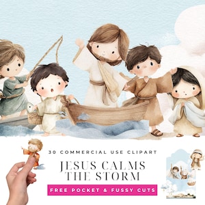 Jesus Calms the Storm Bible Clipart Bundle, Watercolor Disciples Sea Miracle Illustrations, Children Sunday School Designs Digital Download
