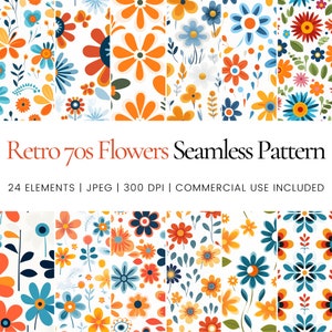 Motif de répétition sans couture de fleurs rétro des années 70, papiers numériques, arrière-plan, emballage de gobelet, imprimable, papier numérique à usage commercial, tasses, vêtements