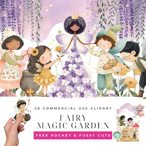 Puede incluir: Ilustración en acuarela de una escena de jardín de hadas con múltiples hadas, flores y un árbol floral púrpura. El texto dice "Fairy Magic Garden" y "30 Commercial Use Clipart".