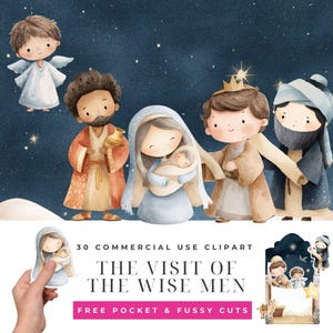 Puede incluir: Ilustración en acuarela de la escena de la Natividad con María sosteniendo al niño Jesús, rodeada por los tres reyes magos y un ángel. La imagen tiene un fondo de noche estrellada. El texto dice "The Visit of the Wise Men".