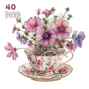 Lila Teetasse & Blumen - 40 hochwertige PNG - Digitaler Planer, Junk Journaling, Aquarell, kommerzielle Nutzung, digitaler Download, Tassen, Dekor