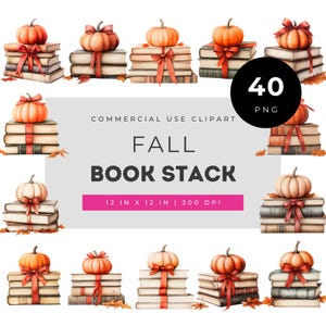 Fall Book Stack Watercolor Clipart Set, Cozy Autumn Books with Pumpkins and Ribbons, Vintage Library Decor Illustrations PNG