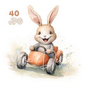 赤い車のウサギのクリップアート - 40 高品質 JPG - デジタル プランナー、ジャンク ジャーナリング、水彩画、ウォール アート、商用利用、デジタル ダウンロード