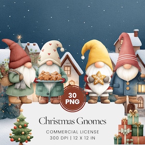 Może przedstawiać: Akwarelowa ilustracja czterech świątecznych gnomów w zaśnieżonej scenerii wioski. Każdy gnom ma inny kolor kapelusza i płaszcza, a niektórzy trzymają świąteczne przedmioty, takie jak kosz, pierniczki i ciasteczko w kształcie gwiazdy. Obraz zawiera tekst "Christmas Gnomes".