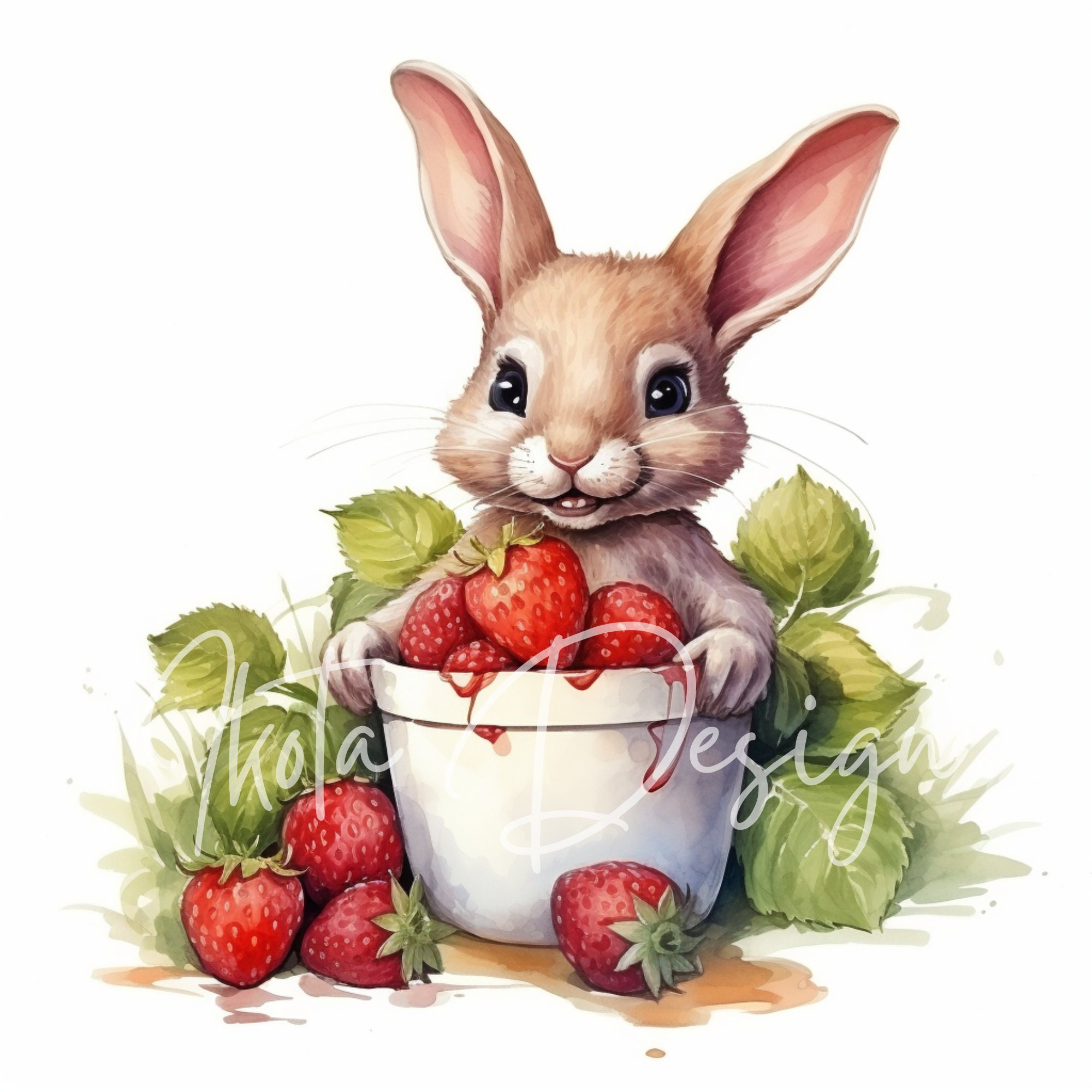 Rabbit Strawberry Clipart, Cute Bunny Illustration, Watercolor